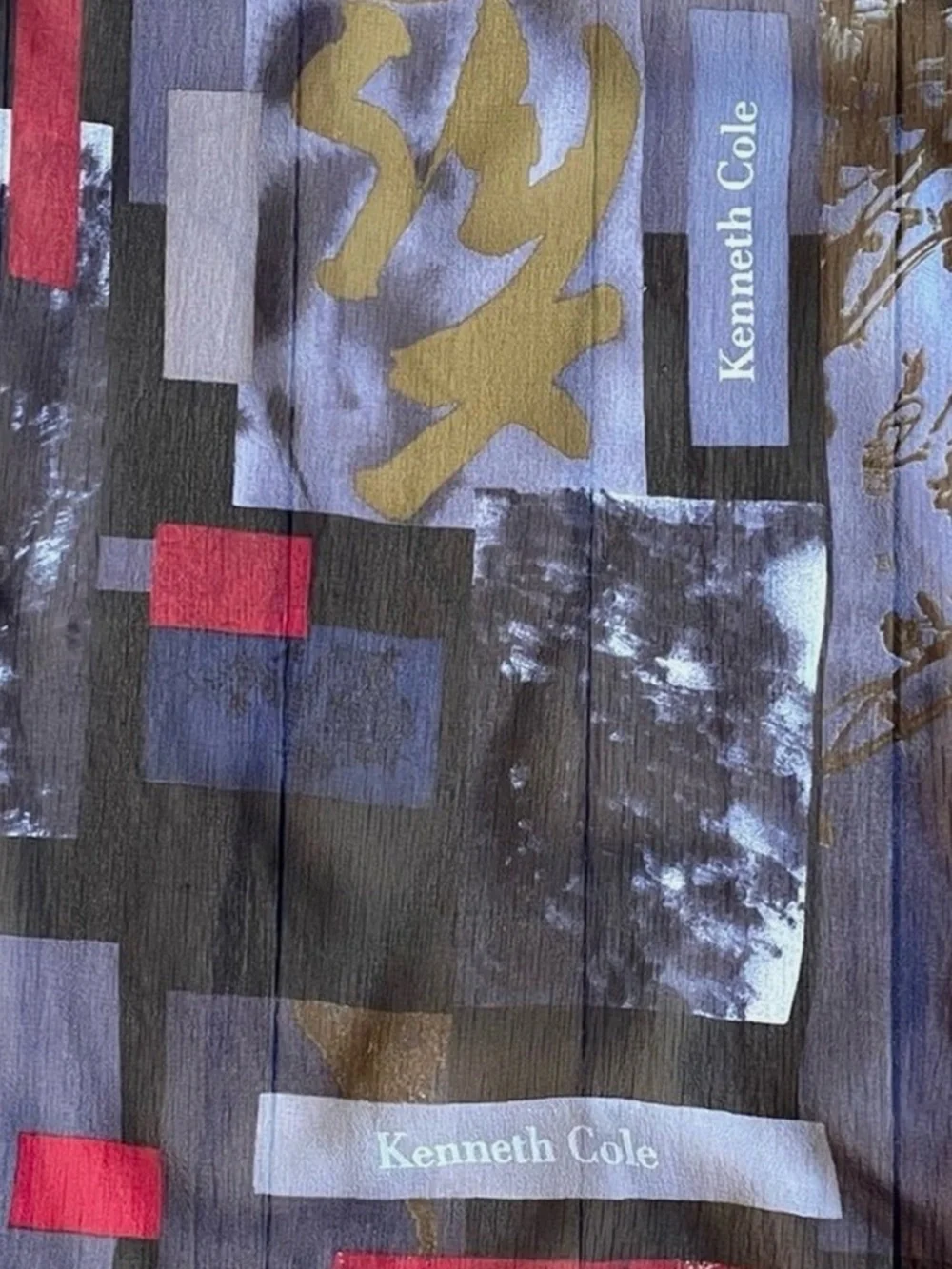 Kenneth Cole 100% Silk Oblong Scarf Abstract Geometric Sheer Red Blue Gold Wrap